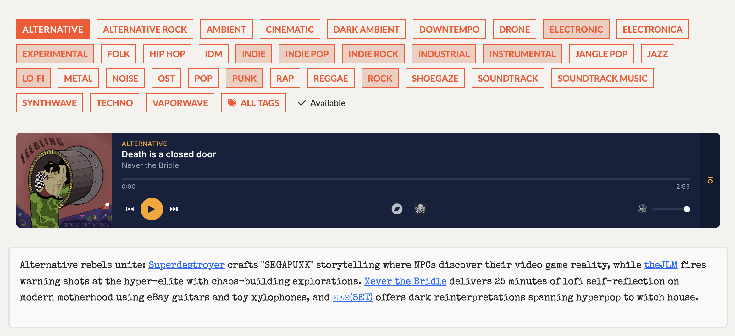 GetMusic tag player and Alternative genre description
