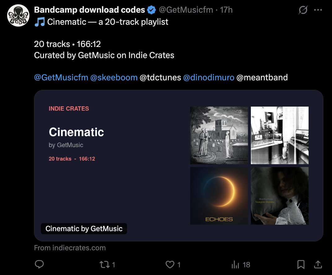 GetMusic X post sharing Indie Crates Cinematic playlist